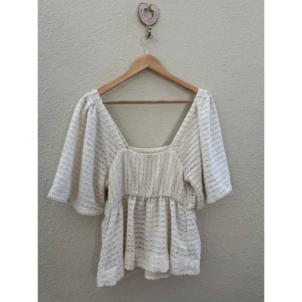 NWT $78 Anthropologie Sarah Hann Cream Flutter-Sleeve Crochet Top